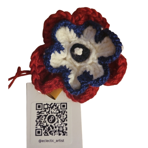 Handmade Red and Blue Crochet Flower Hair Clip Hand Crafted Brooch Patriotic 4" - Picture 4 of 17